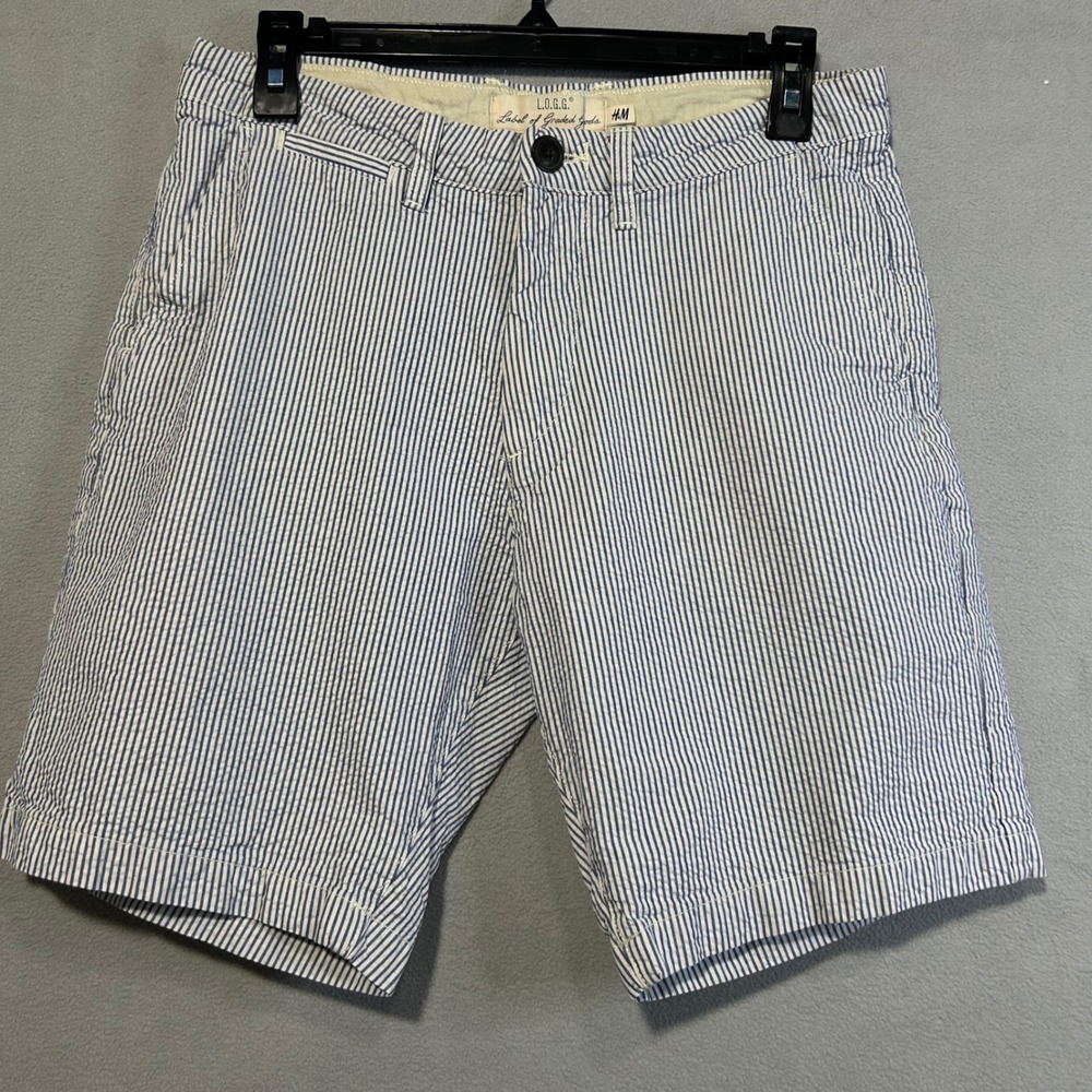 H&M LOGG Mens‎ Shorts Striped Blue White Seersucker Flat Front Size 29 Waist 30